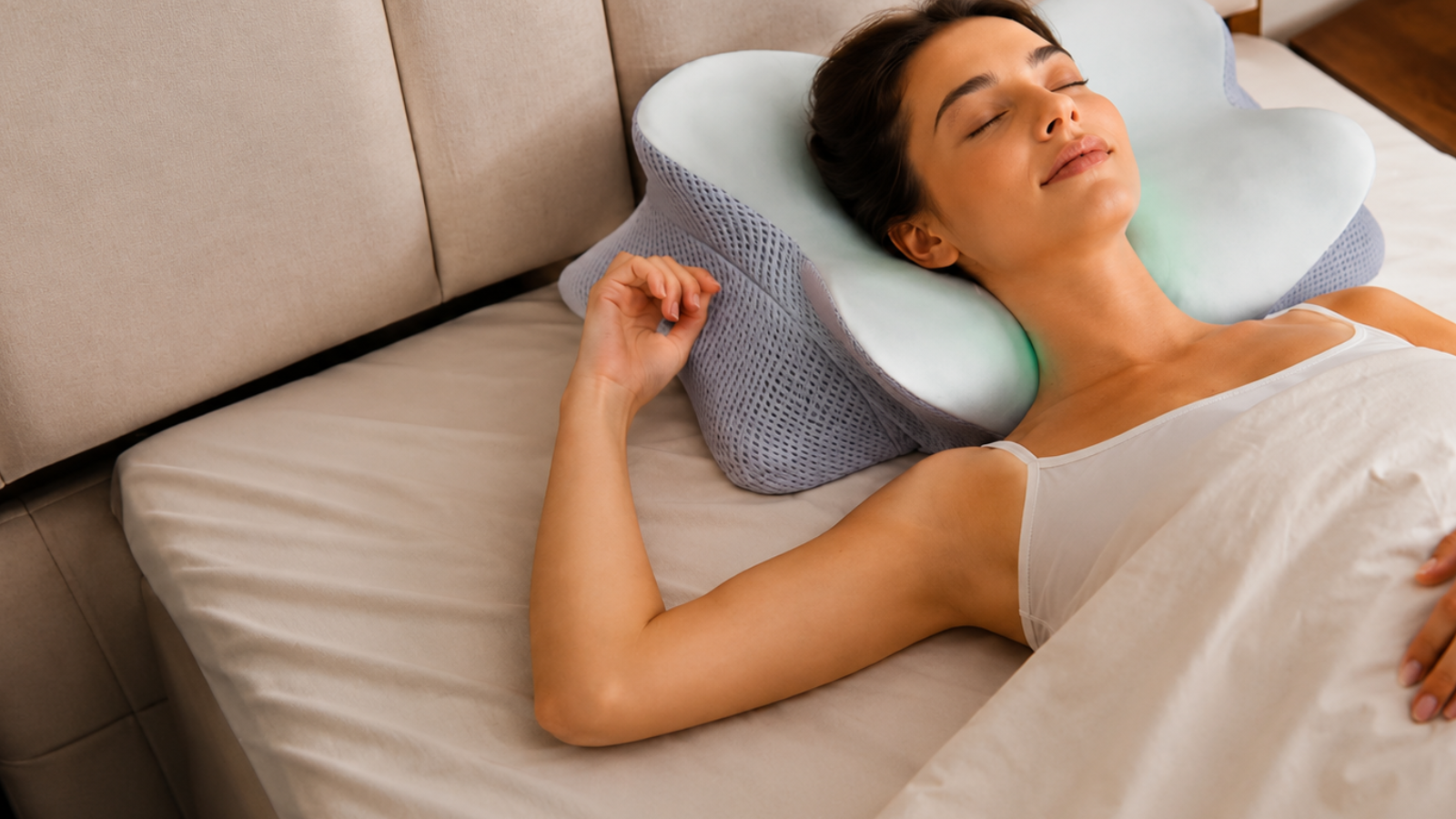 Femme endormie sur l'oreiller ergonomique DreamNest à soutien cervical